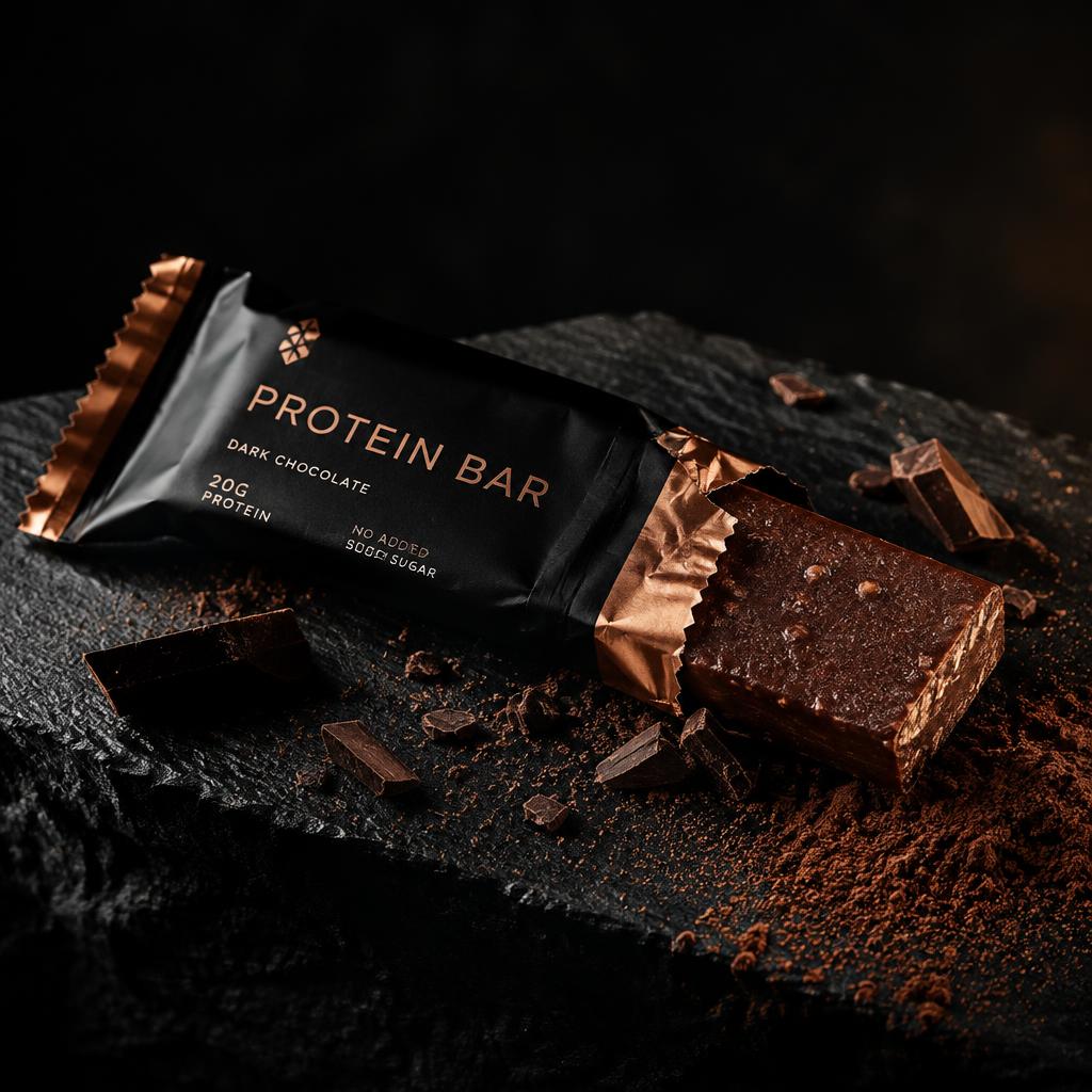 NOIR dark chocolate protein bar unwrapped on slate